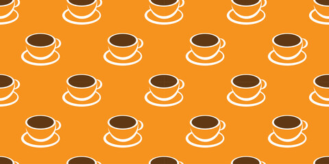 Obraz premium Many Orange and Brown Coffee Cup or Soup Bowl Symbols Seamless Pattern on Wide Scale Orange Background - Design Template in Editable Vector Format