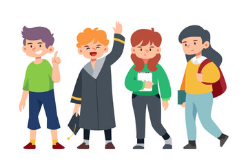 school students character, Back to school boys and girl cartoon collection in college, university and graduate boy and girl student student's education life vector 