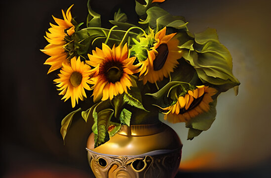 Sunflowers lovely canvas oil painting vases of sunflowers based on the gogh painting Photo AI Generated