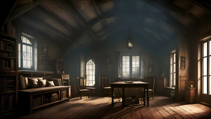 A spooky attic, dust scratched with mystery and suspense