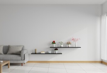 Living room is decorated with flower vases. There was a sofa on the floor next to it.3d rendering