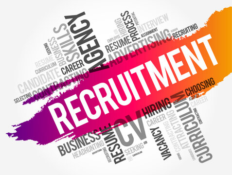 Recruitment - overall process of identifying, sourcing, screening, shortlisting, and interviewing candidates for jobs within an organization, word cloud concept background
