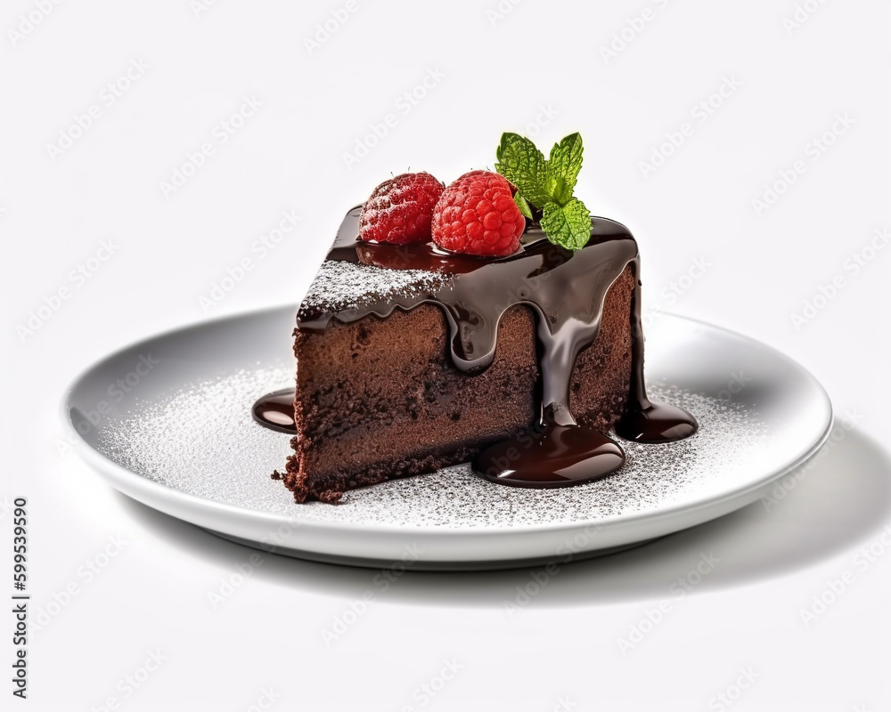 Poster scrumptious chocolate cake on a white background , generative ai