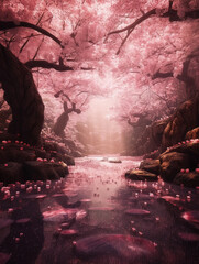 Cherry blossom trees and lake water in spring,created with Generative AI tecnology.
