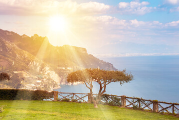 Scenic view of a park in Ravello overlooking Amalfi coast in Italy