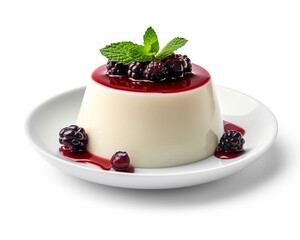 Exquisite panna cotta with berries, on a white backgroun, Generative AI - obrazy, fototapety, plakaty