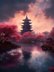 Obraz premium Cherry blossom trees and lake water in spring,created with Generative AI tecnology.