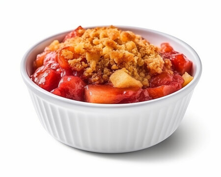  Rhubarb Crisp pie in white bowl isolated on white AI generated