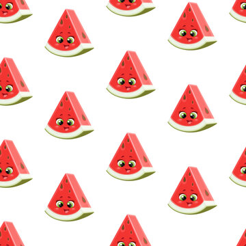 Seamless pattern from cute little cartoon emoji piece of watermelon on white background