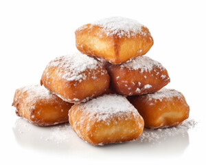 Stack of Beignets AI generated close up. on white background isolated - obrazy, fototapety, plakaty