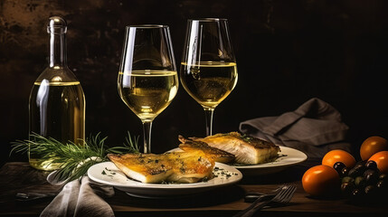 Obraz na płótnie Canvas dinner concept for two. two glasses of white wine, baked fish