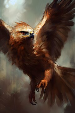 hawk bird of prey flies: digital brush painting of a brown hawk bird raptor flying created with Generative AI technology