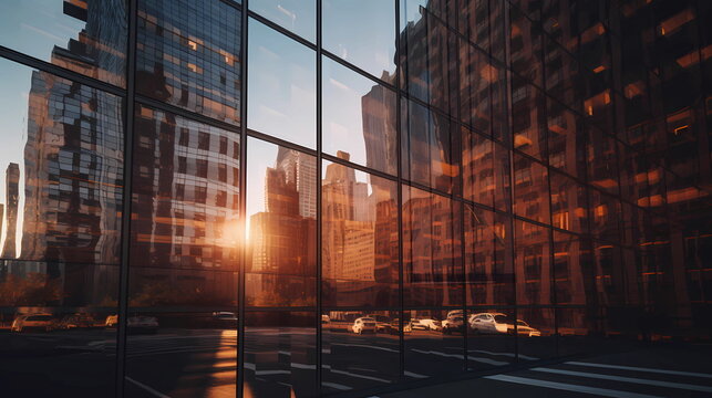 sunset light reflection on modern buidings windows evening business centre New York City,generated ai