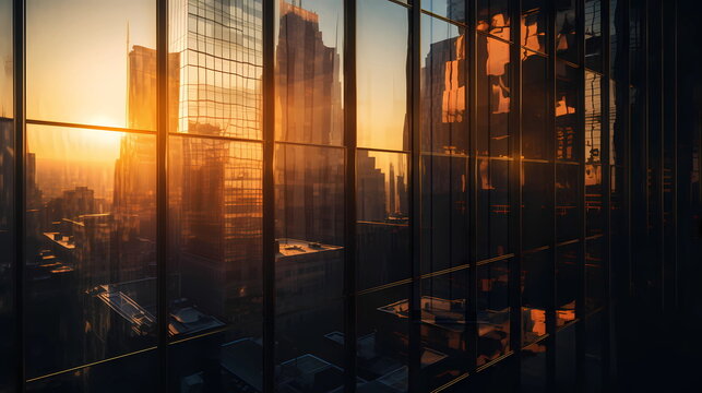sunset light reflection on modern buidings windows evening business centre New York City,generated ai