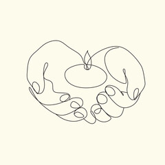 Woman with a candle in a modern single line art style. Human hands holding a memory candle in the hands. Continuous one line drawing of hope family female fire home logo