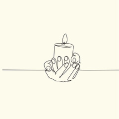 Woman with a candle in a modern single line art style. Human hands holding a memory candle in the hands. Continuous one line drawing of hope family female fire home logo