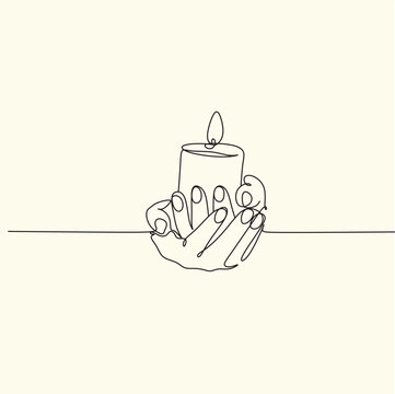 Woman with a candle in a modern single line art style. Human hands holding a memory candle in the hands. Continuous one line drawing of hope family female fire home logo