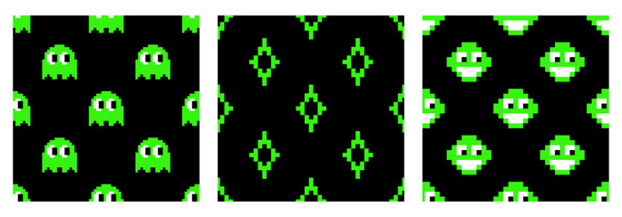 Set of acid seamless patterns in green. Pac man pattern, emoticon, star. Vector patterns on a black background in trendy Y2K style, 90s.
