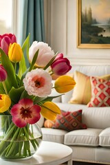 Tulips flower arrangement in a stylish vase, Generative AI