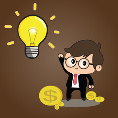 Business man cartoon characters with moneys and light blub. Concept of new idea, thinking, innovation, creative idea for project, business, start up. Business idea, plan strategy and solution concept.