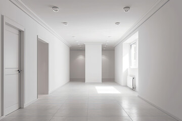 Modern minimalist interior with an entrance door to a large empty white room and a window, created with Generative AI