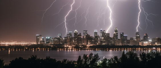 Dramatic lightning storm electrifies city skyline as rain pours down and lights flicker, generative ai