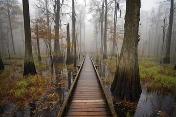 Misty Swamp with Cypress Trees and a Wooden Walkway, generative ai