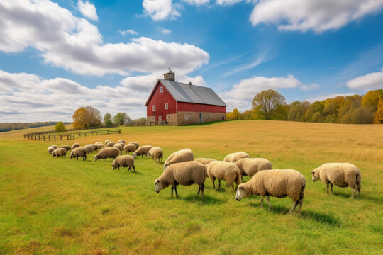 flock of sheep grazing on a peaceful farmland with a beautiful red barn and a clear blue sky, generative ai
