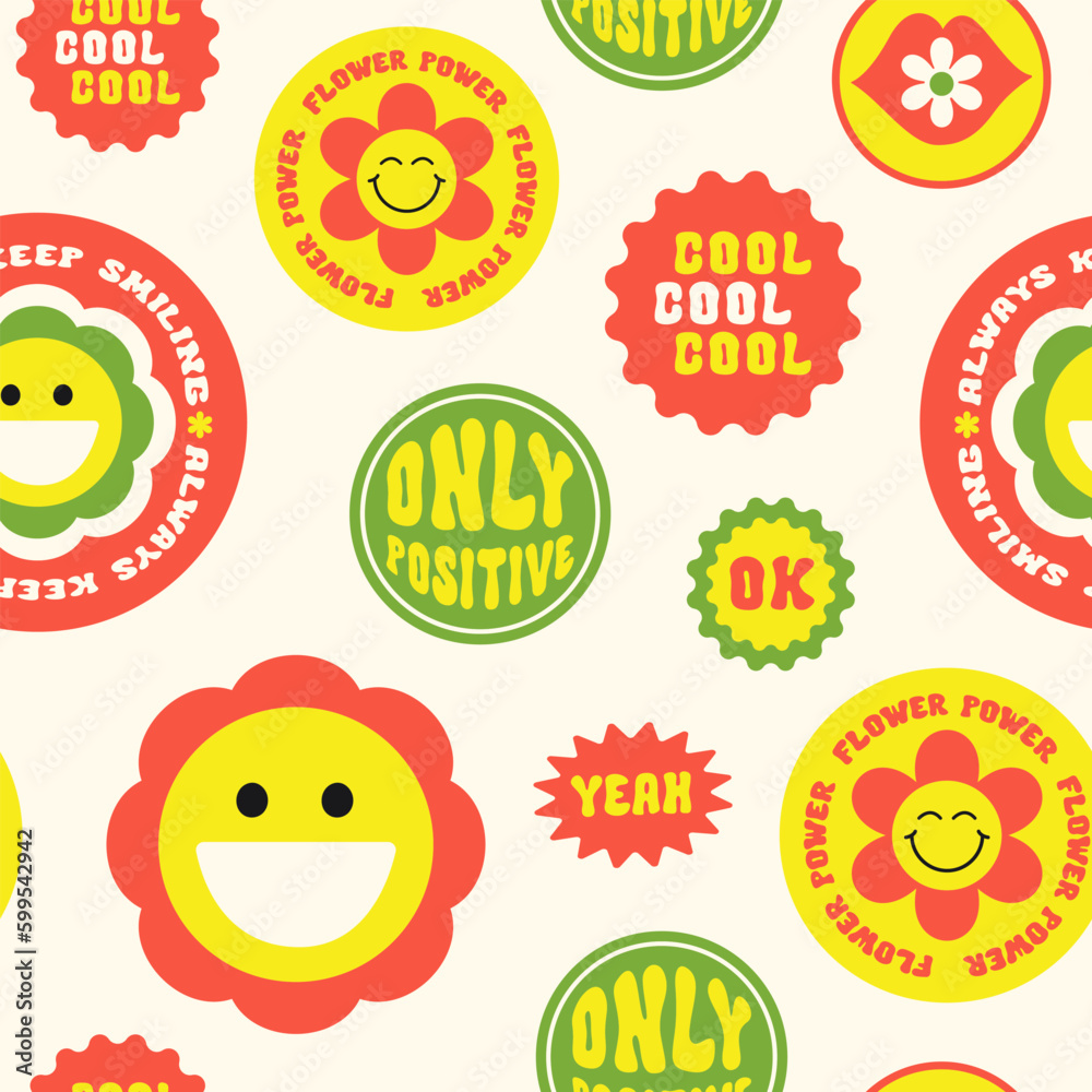 Poster Trendy colorful cartoon stickers seamless pattern with smiling face and text on a beige background.  Collection of cute funny icons, positive slogans in style 70, 80s. Vector illustration