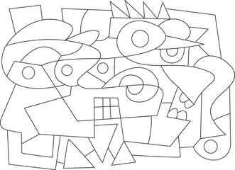 black and white doodle art coloring page containing face shapes 