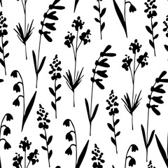 Simple floral vector drawing in black outline. Black silhouette of wild meadow flowers, herbs on a white background. For prints of fabrics, textiles, packaging.
