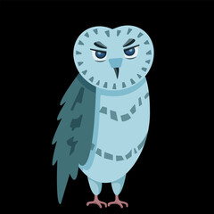 Blue owl. Smart animals. Wild bird of prey. Flat vector illustration. Postcard design.