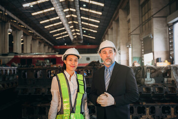 Portrait of engineer are working in the factory. Worker helping to repair and inspect the machine's readiness. Mechanical technicians are maintaining the engine that is malfunctioning.