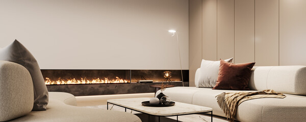 Modern luxury interior design of living room with fireplace and empty white mockup wall background...
