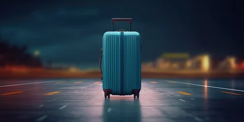 Gardinen A suitcase on a runway with blurred airplane in the background. Business travel concept. Travel background © Aquir