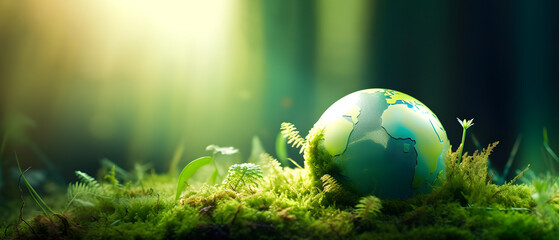 Fototapeta premium Green Globe On Moss - Environmental Concept. created with Generative AI