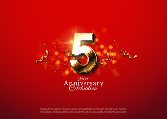 5th anniversary with realistic 3d golden ribbon decoration. vector premium design. - obrazy, fototapety, plakaty