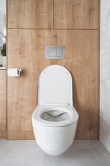 modern porcelain toilet bowl in restroom with wooden furniture