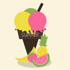 Illustration Summer Trip Scoop Ice Cream Cone with Fruits