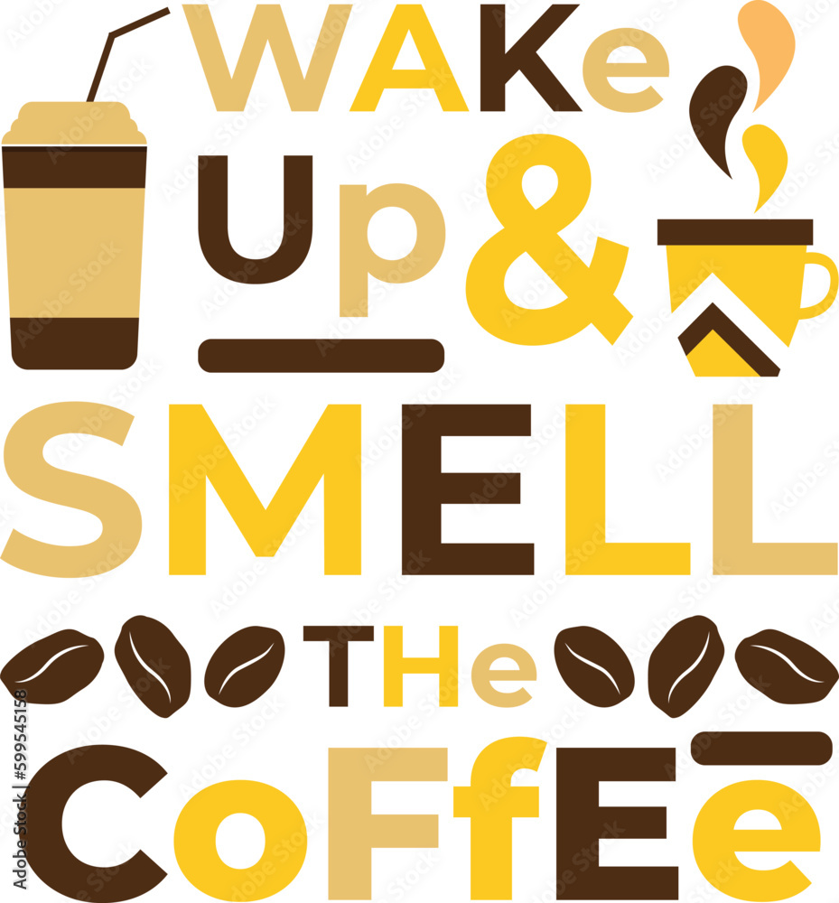 Wall mural Vector drawing and vector text, a cup of coffee on a transparent background. Drawing for a poster, banner, card, flyer on the theme of coffee. Coffee design.