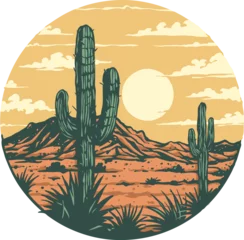 Foto op Canvas A graphic of a wild west desert landscape with a cactus and mountains in the background © krizvector