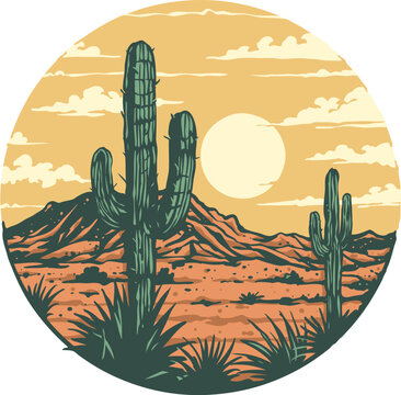 A graphic of a wild west desert landscape with a cactus and mountains in the background