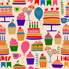 Festive seamless vector pattern. Cakes, pastries, sweets, balloons. Bright design, texture.