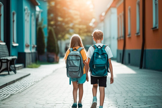 Boy and girl on the street going to school with a backpack on their backs