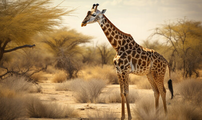 Obraz na płótnie Canvas sunset photo of giraffe in its natural habitat. Generative AI