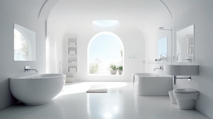 Fototapeta na wymiar A modern and minimalistic bathroom interior, white space, bright, spacious, white bathtub, summer time, generative ai