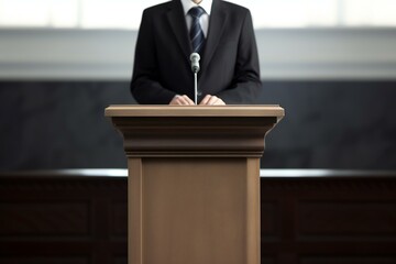 Politician standing at rostrum with microphones. Generative AI - obrazy, fototapety, plakaty