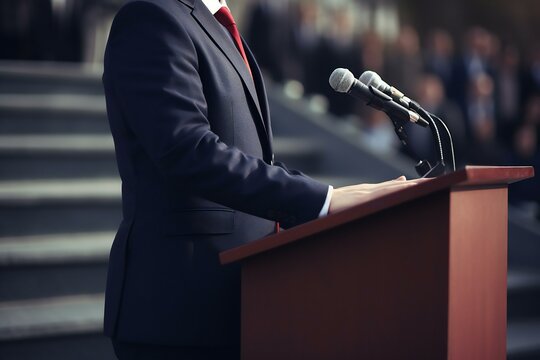 Politician standing at rostrum with microphones. Generative AI