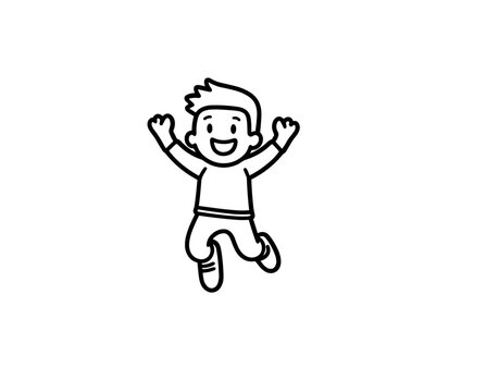ein glücklicher Junge im Grundschul- oder Kindergartenalter springt voller Freude in die Luft, cartoonstyle, Icon, SW