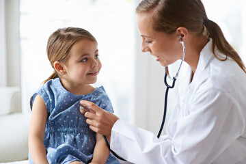 Woman, child and stethoscope of pediatrician for healthcare consulting, check lungs and listening to heartbeat. Medical doctor, girl kid and chest assessment in clinic, hospital and patient wellness